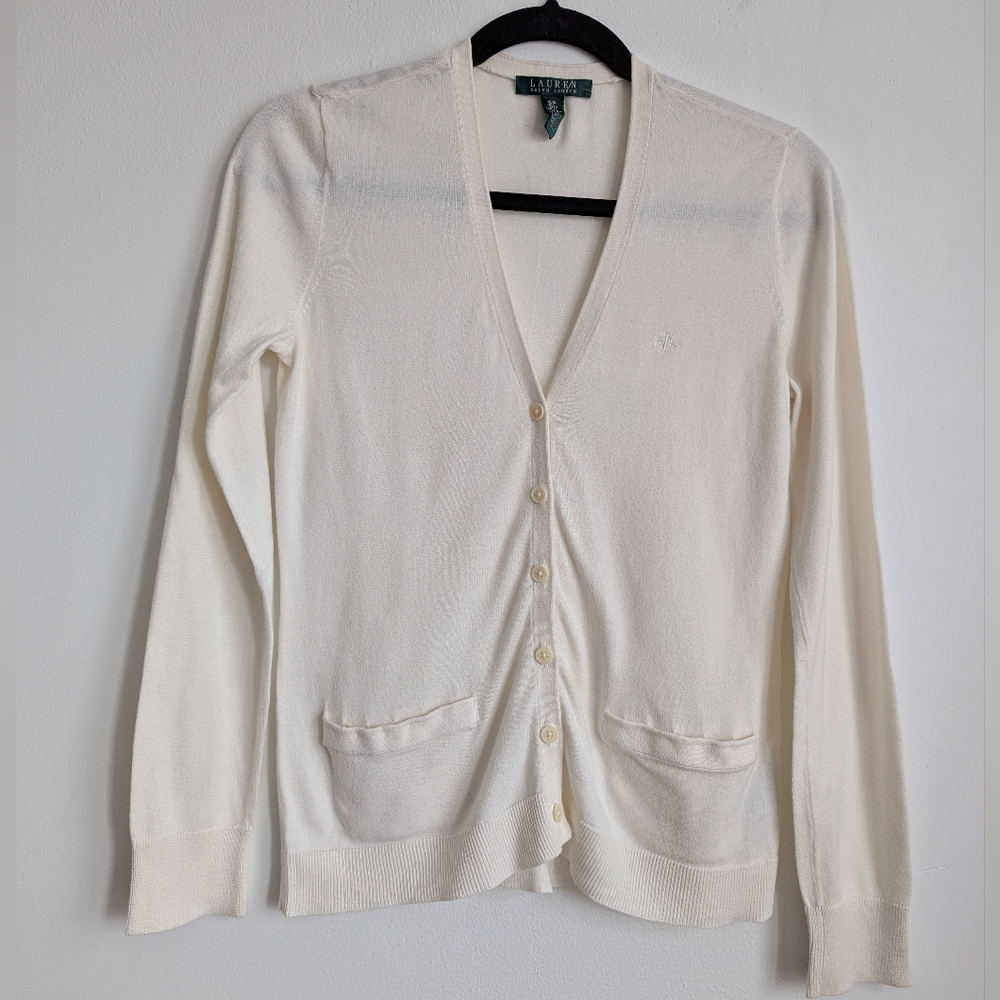 Lauren Ralph Lauren Cotton Ivory Button Up Knit Cardigan S Preppy Quiet Luxury